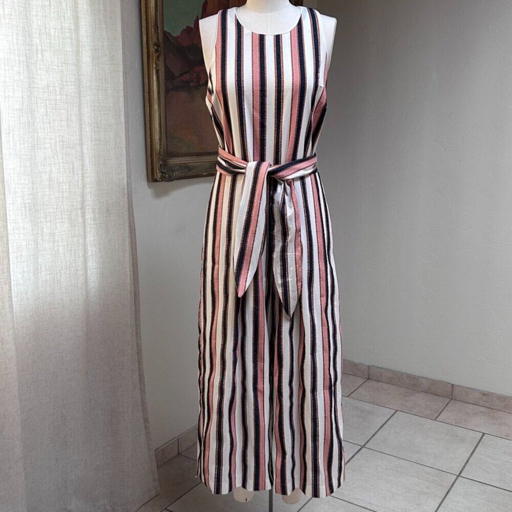 Striped Wide Leg Jumpsuit Open Back Tie Waist European Summer Resort Women L
